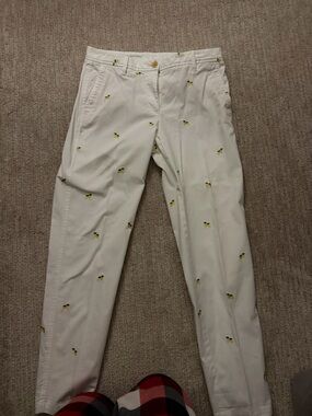 Talbots White Straight-Leg Pants with Yellow Embroidery